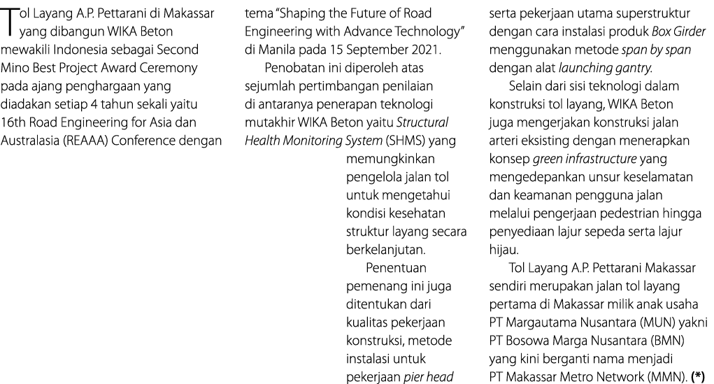 Tol Layang A P  Pettarani di Makassar yang dibangun WIKA Beton mewakili Indonesia sebagai Second Mino Best Project Aw   