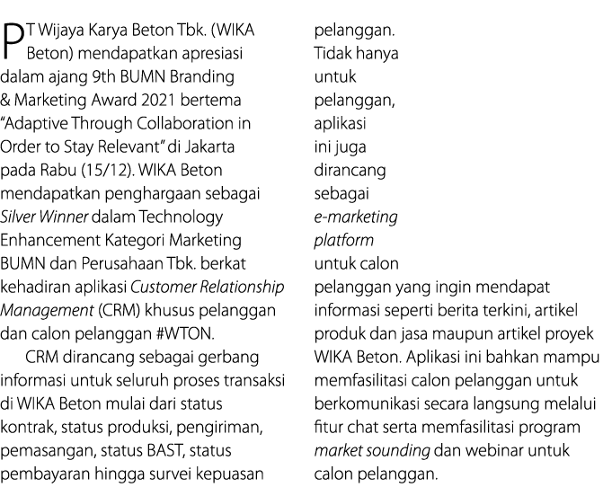 PT Wijaya Karya Beton Tbk  (WIKA Beton) mendapatkan apresiasi dalam ajang 9th BUMN Branding & Marketing Award 2021 be   