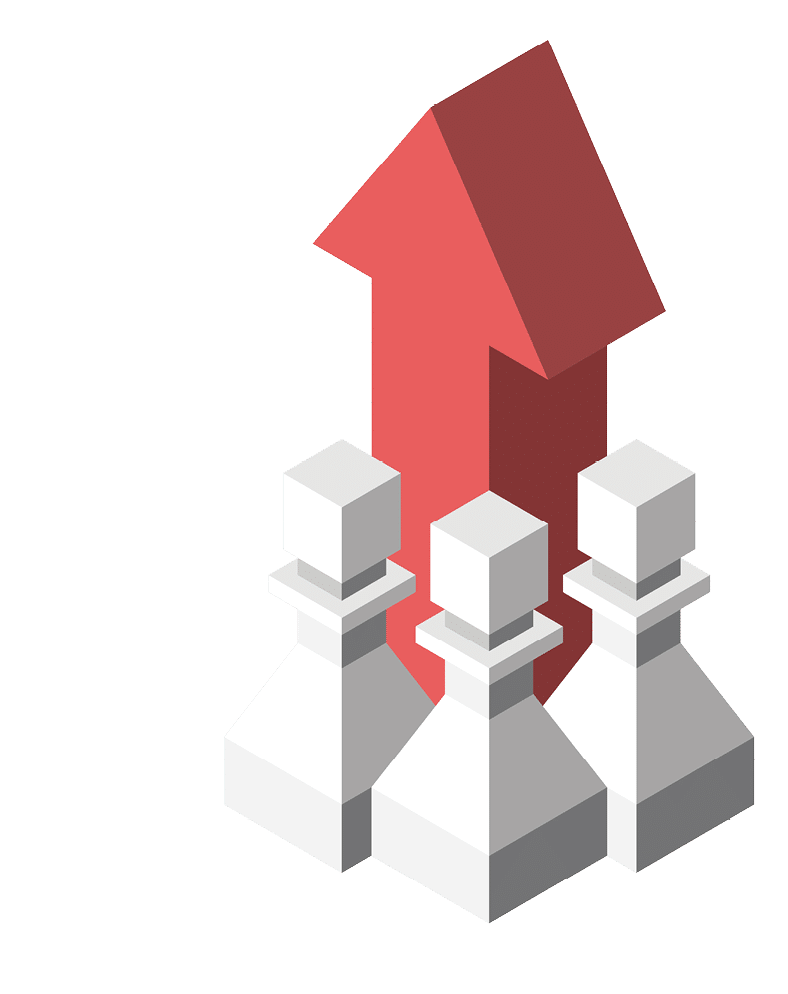 Team of three isometric chess pawns standing around red vertical arrow  Teamwork, collaboration, partnership and goal concept  Flat design  3d illustration  Raster copy