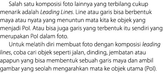 Salah satu komposisi foto lainnya yang terbilang cukup menarik adalah Leading Lines  Line atau garis bisa berbentuk m   