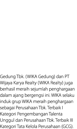 Gedung Tbk  (WIKA Gedung) dan PT Wijaya Karya Realty (WIKA Realty) juga berhasil meraih sejumlah penghargaan dalam aj   