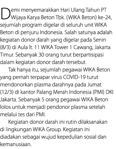 Demi menyemarakkan Hari Ulang Tahun PT Wijaya Karya Beton Tbk  (WIKA Beton) ke-24, sejumlah program digelar di seluru   